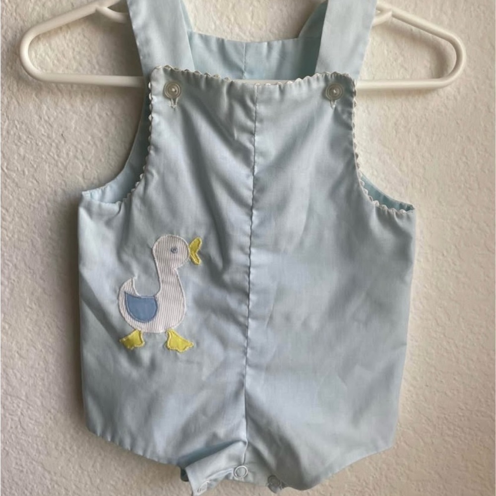 Vintage light blue Jon-Jon baby romper with duck embroidery 3-6M